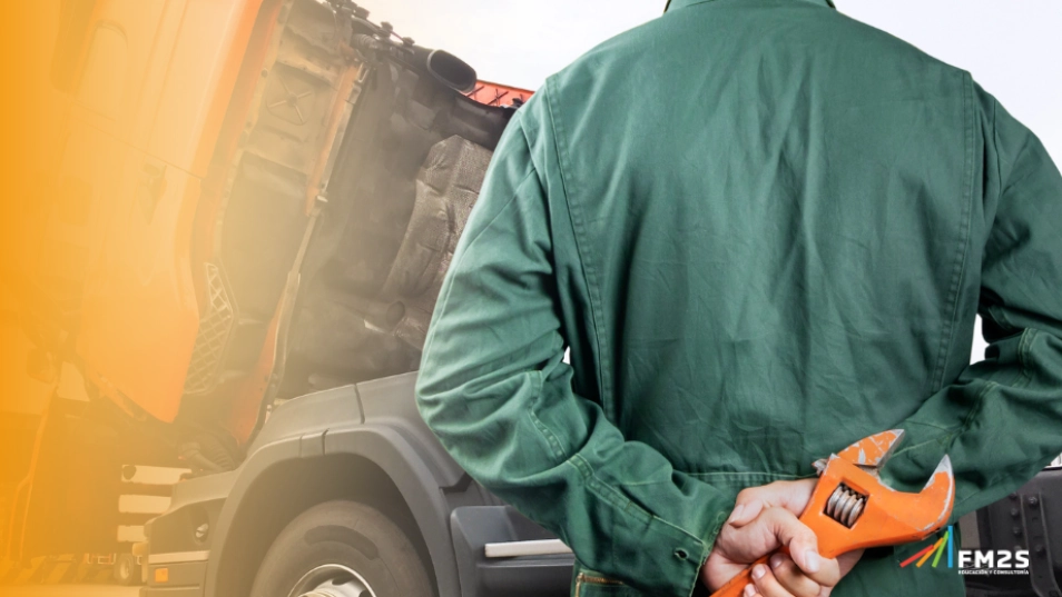À esquerda degradê laranja. Ao fundo, um colaborador de roupa verde, segurando uma chave de fenda laranja. No canto inferior direito, o logotipo da FM2S.